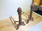 Pair Of Vintage Heavy Antique Cast Iron Fireplace Andirons   Toulouse Cross Logo