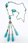 Vintage Art Deco Turquoise Blue Satin Czech Glass   Silver-tone Necklace