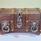 Vntg Wooden Treasure Chest Jewelry Box Pirate Trunk Lion Head Lock And Key Read