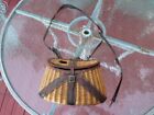 Vtg Wicker Leather Woven Fishing Fly Creel Basket Trout Handle Strap With Knife