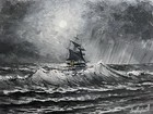 Original Night Ship Oil Painting  Moonlight Seascape  Stormy Ocean Dark Maritime