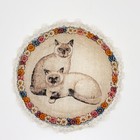 Vtg Handmade Glass Siamese Cat Cats Fabric Lace Plate Floral Flowers
