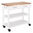 Seville White Rolling Kitchen Cart Butcher Block Top  Double-drawer Storage