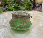 Antique 19c French Jade Opaline Glass Vanity Table Box Jar Ormolu Brass Bronze
