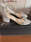 Women s Betsey Johnson White Silver Embellished Block Heel Sandals Size 8