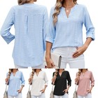 Womens V Neck Pullover Loose T Shirt 3 4 Sleeve Ladies Base Tops Blouse Summer