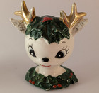 Vintage Norcrest Xmas Reindeer Holly Salt   Pepper Shakers Figurines 1950 s