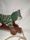 Vintage Folk Art Maine Made Wood Kinetic Toy Pull Nodder Cat Green Tiger Kitty