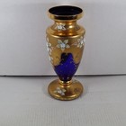 Czech Bohemian Gold High Enamel Cobalt Blue Glass Vase Floral 6 25  Fleur Di Lis