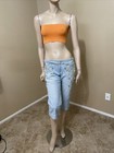 Women   s Light Blue Cotton Casual Beaded Pearls Glitter Zipper Size M Pants Capri