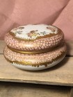 Vintage Round Gold Hand Painted Floral Trinket Jewelry Box France