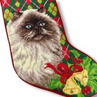 Vtg Wool Needlepoint Christmas Stocking Himalayan Siamese Cat Blue Eyes Argyle