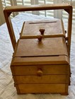 Vintage Wooden Accordion Sewing Box 3 Tier Cantilever Fold Out Craft Caddy