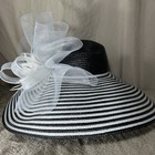 Women s Black White Striped Wide Brim Kentucky Derby Church Hat Feather Bow