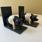 Vintage Cast Iron Pig Bookends Set - Black   White Farmhouse Decor Heavy