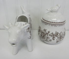 Pioneer Woman Agatha Stoneware Bird Sugar Bowl Cow Creamer Set Floral Brown New