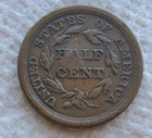 1857 1 2c Bn Braided Hair Copper Half Cent Rare Key Date Counter Stamp  Damaged