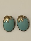 Vintage Signed Coro Blue turquoise Cabochons Clip On Gold Toned Earrings
