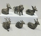 6 Dhokra Deer Tiger Camel Animal Figurine Set Lost Wax Brass Indian Cast Lot Vtg