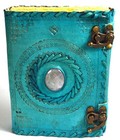 Mystical Blue Embossed Leather Book Of Shadows With Antique Pages   Stone 