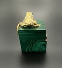 Exquisite Vermeil Frog Emerald Eyes On Small Malachite Brass Hinged Jewelry Box