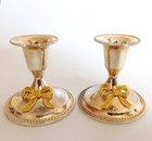 Vintage Pair Of Small Candle Holder European Silver Plated gold Color Bows Nice