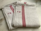 Pair  2  Large Antique French Linen Torchon Tea Kitchen Towel  Mono Vm Red Strip