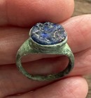 Roman   3rd  Century A d  Bronze Ring Set With Blue Glass Intaglio 