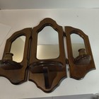 Vintage Mcm Tri Fold Wooden Wall Sconce Mirror 3 Panel Mirror With Shelf