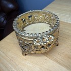 Vintage Gold Tone Filigree Beveled Glass Footed Casket Jewelry trinket Box Read