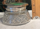 Sale   Antique Sterling Silver Guilloche  Hexagon Lid On Cut Glass Powder Jar