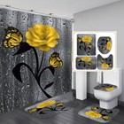 4pcs Bathroom Shower Curtain Set Butterfly Rose Print With Non-slip Rugs 12 Hook