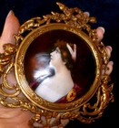 Antique French   Art Nouveau Brass Framed Limoges Painting On Copper Miniature