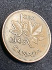 1945 Canadian 1c One Cent Coin - King George Vi Canadian Penny  
