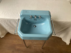Vtg Clair De Lune Blue Porcelain Cast Iron Sink Chrome Legs Towel Bars 74-26e