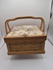 Vintage Wooden Sewing Basket - Basket Weave Wicker Box Fabric Top 8 5  X 4 5 