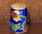 Vintage Cloisonne Enameled Thimble Bird Decor Blue  Yellow Beautiful