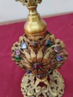 1930s Czech Gold Tone Filigree Multicolor Glass Stone Perfume Bottle