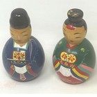 Wooden Roly Poly Couple Japanese Kokeshi Dolls Colorful Salt Pepper Shakers Vtg