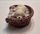 Sandicast White Dog Laying Wicker Basket Bed Signed Sandra Brue Vtg Usa Figurine