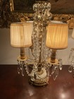 Pair Of Antique French Brass And Crystal Four Light Girandole Chandelier Lamps