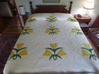 Hand Quilted   Appliqued Yellow Tulip Trio Cotton Quilt - 90  X 104 