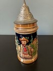 German Lidded Beer Stein Hinged Metal Lid Thumb Lift Figural Handle Relief Scene