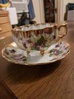 Vtg Norcrest Fine China 3 Footed Teacup   Saucer Floral W  Gold Trim Lusterware 