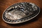 Longhorn Steer Belt Buckle Chrome Look Silver Tone Floral Studded Oval Western