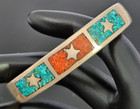 Vintage 1970s Navajo Sterling Silver Chip Inlay Turquoise Coral Star Cuff Bracel