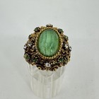Vintage Florenza Faux Jade Glass Rhinestone Gold Tone Ring Adjustable 