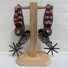 Vintage Mexican Western Silver Inlaid Spurs Leather Straps Red white Wool Trim