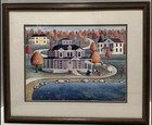 Signed Folk Art Village Print Autumn Houses Framed 1991 Americana Naive 23   x19   