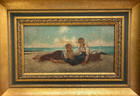 Antique Swedish Seascape W Women Oil Painting August Hagbord Style Unsigned